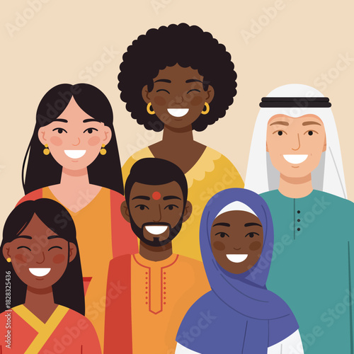 Diverse group of happy people from various cultures smiling together.