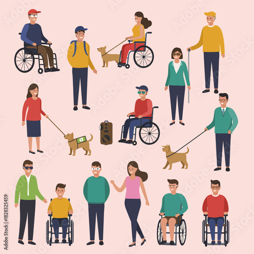 Diverse Group of People with Disabilities and Assistance Animals.
