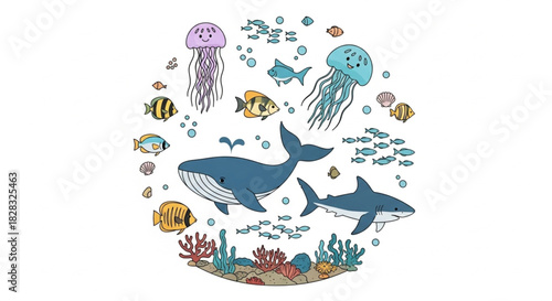 Dive into a whimsical ocean adventure with friendly marine life, perfect for children's books and playful designs, radiating happiness and wonder!