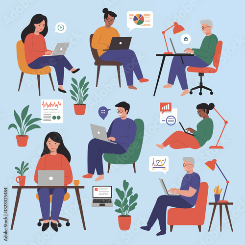 Diverse group of people working remotely on laptops in a comfortable setting.