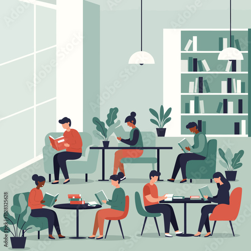 People reading books in a library, studying and learning together.