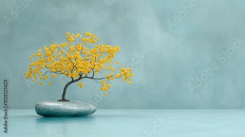 Small bonsai tree with yellow blooms set on a stone, against a textured teal wall