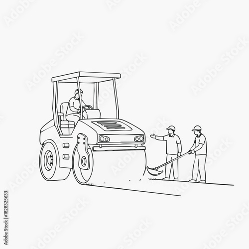 An illustration depicts diligent construction workers operating heavy machinery to repair and pave a new road, symbolizing progress and infrastructure development.