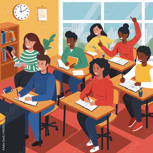 Students diligently studying and taking notes in a classroom setting.