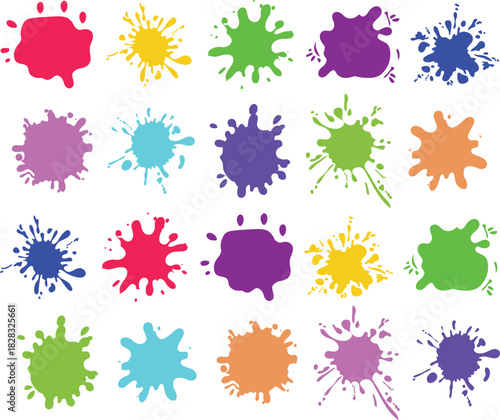 A colorful collection of abstract paint splashes in various shapes and vibrant tones, featuring dynamic ink blot elements designed for creative backgrounds, artistic decoration, digital graphics, craf