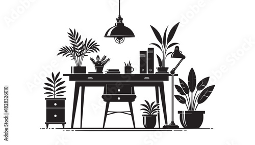 black color interior furniture silhouette vector illustration, solid white background