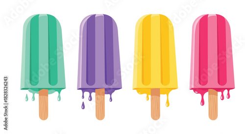 Set of four colorful melting popsicles in green, purple, yellow, and pink, isolated on a white background for a summer design.