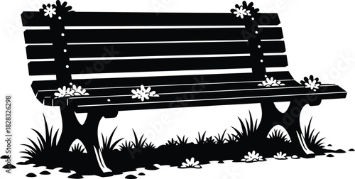 Park Bench Silhouette with Grass and Flowers Vector Illustration