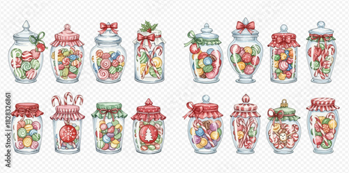 Watercolor illustration of various festive candy jars filled with colorful sweets and treats, decorated for holidays.