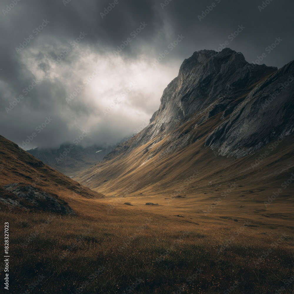 Obraz premium Dramatic mountain valley with golden grass under an overcast sky above.