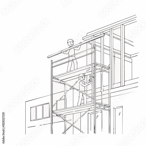 Dedicated construction workers in hard hats collaborate on a building project, meticulously working on a multi-tiered scaffold.