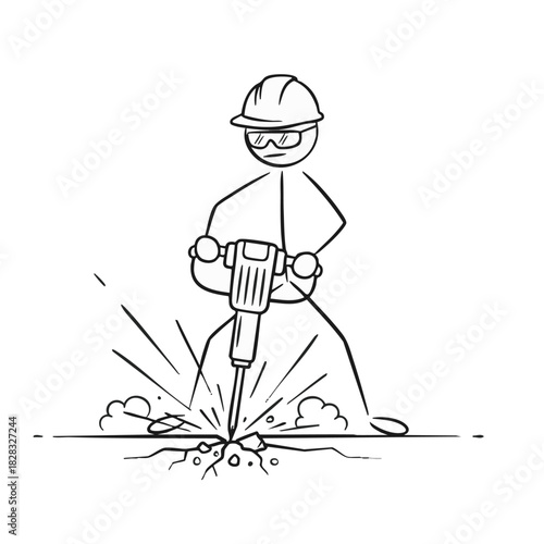 A stick figure construction worker, wearing a hard hat and safety glasses, operates a jackhammer to break ground, symbolizing diligent effort and demolition.