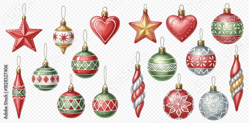 Collection of festive Christmas tree ornaments in various shapes, colors, and patterns, including stars, hearts, and baubles.
