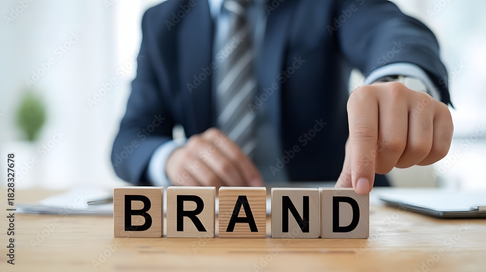 Obraz premium Businessperson Arranging Wooden Blocks Spelling Brand, Highlighting Branding Strategy, Marketing Identity, Professional Image Building, Corporate Growth, and Strong Business Development Concepts