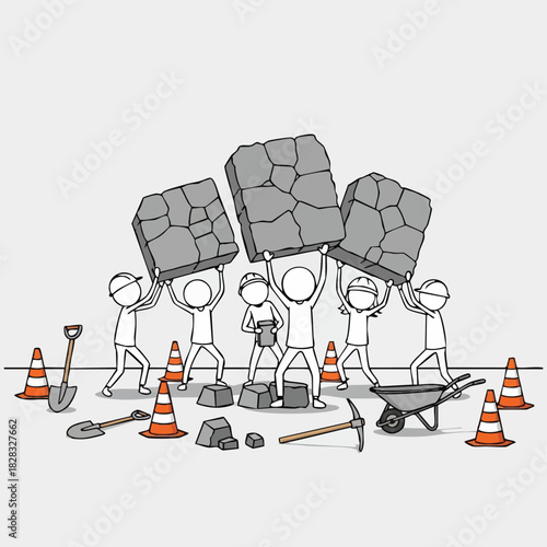 Minimalist stick figures exemplify powerful teamwork and collaborative effort, lifting heavy stones together surrounded by construction tools and safety cones.