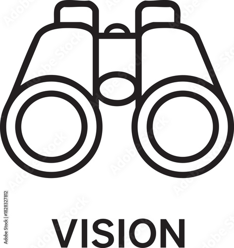 A simple black and white line illustration of a pair of binoculars with the word vision below