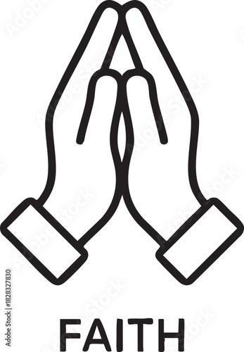 A simple black and white line art depiction of praying hands with the word faith beneath them