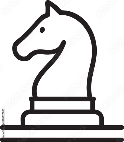 A simple black and white line drawing depicts a chess knight standing on a base with lines