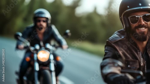 Two Men Ride Classic Motorcycles on a Scenic Road, Embracing Freedom and Adventure