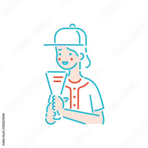 メガホンを持って野球の応援をしている女性のイラスト 水色の線画