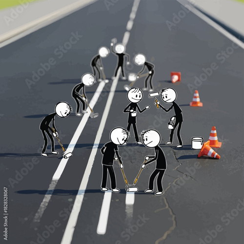 A team of cheerful stick figures diligently paints crisp white lines on a freshly paved asphalt road, symbolizing collaborative effort and infrastructure development.