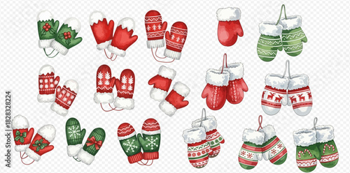 Collection of watercolor winter mittens in red and green with festive patterns and white cuffs, perfect for holiday designs.