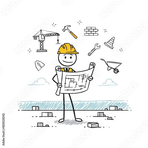 A cheerful stick figure architect or construction worker reviews building plans surrounded by essential tools and equipment on a developing site.