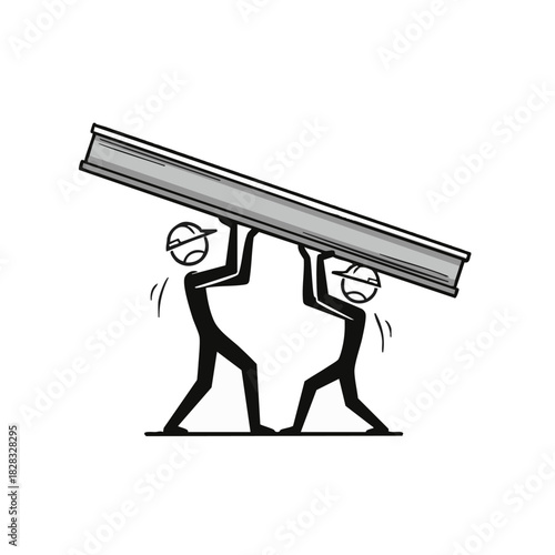 Two determined stick figures wearing hats collaborate to lift and transport a heavy metal beam, symbolizing strong teamwork and shared effort in construction.