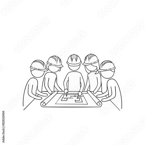 Five stick figures, representing construction professionals in hard hats, collaboratively review an architectural blueprint, symbolizing strategic planning and project progress.