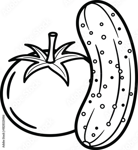 Simple line art illustration featuring a fresh, ripe garden tomato and a crisp, healthy cucumber, ideal for coloring books, healthy food designs, and garden themes on a white background.