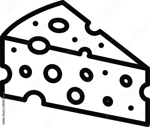 Line art icon of a yellow cheese wedge with characteristic holes, representing dairy products, food, snacks, and delicious ingredients.