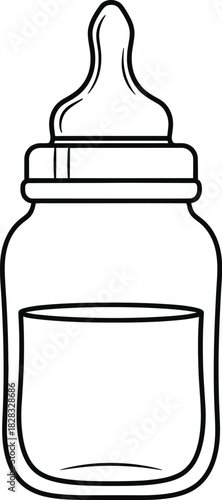 Baby bottle outline illustration with liquid inside, minimalist line art drawing for child care, feeding, and infancy concepts
