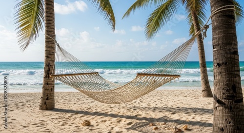 Fototapeta Naklejka Na Ścianę i Meble -  Idyllic beach getaway featuring a hammock strung between palm trees at seaside