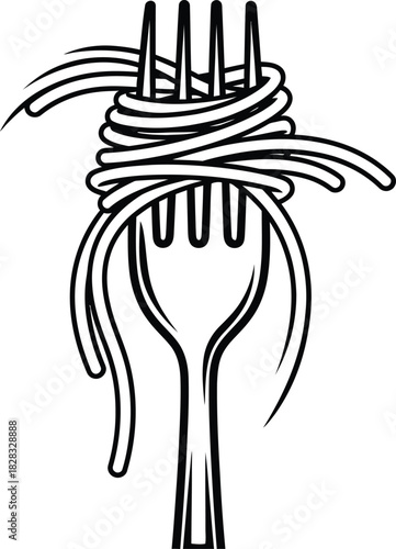 Stylized monochrome line art illustration of a dining fork with pasta spaghetti wrapped around its tines, simple graphic design element