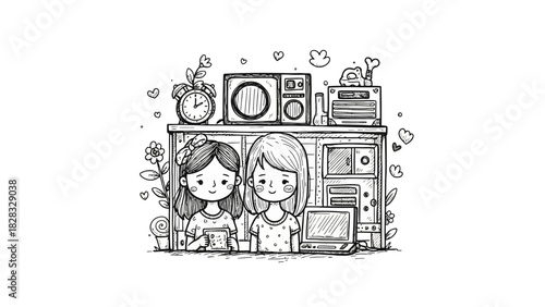 Cute cartoon girls in room with computer and stereo system doodle illustration. friends relaxing at home with technology and decorations