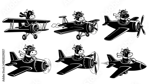 Cute cartoon cow aviator flying in different airplanes set black and white vector illustration, comic domestic animal pilot flying various aircraft transport character mascot bundle