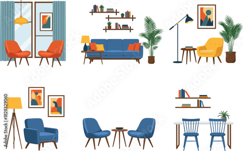 Set of Mid-Century Modern Home Furniture Vector Illustrations Featuring Sofas, Armchairs, Tables, Lamps, Potted Plants, and Shelf Decor for Interior Design Scenes.