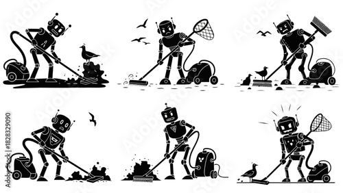 Set of six black and white cartoon robot illustrations showing a cleaning robot trying to sweep and vacuum while being annoyed by a persistent seagull