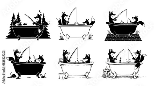 Two foxes fishing in a bathtub in various outdoor and indoor settings black and white flat vector illustration, whimsical animal activity concept