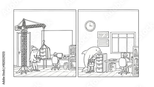 A black and white cartoon illustrates a pair of dolphins as workers in an office environment, showcasing their adaptability to human work settings and tasks with humor