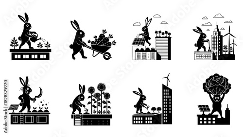A collection of black and white icons depicting rabbits involved in various aspects of sustainable farming and urban gardening, promoting eco-friendly practices