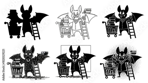A series of illustrations showing a scholarly bat in a suit with a shopping cart full of books and a ladder, depicted in various art styles and rendering techniques
