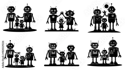 A set of black and white icons depicting robot families in various configurations, illustrating modern family concepts and artificial intelligence relationships
