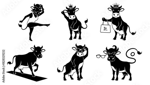 Various cow poses including ballet dancer, royal queen, doing yoga, wearing sunglasses, and a stylish cow with glasses in different black and white illustrations