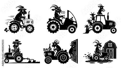 Goats driving tractors, one with kids on it, another plowing field, opening barn door, and splashing water, presented in various black and white illustrations