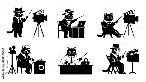 Set of cat characters portraying film director or producer in various professional settings with camera vector illustration