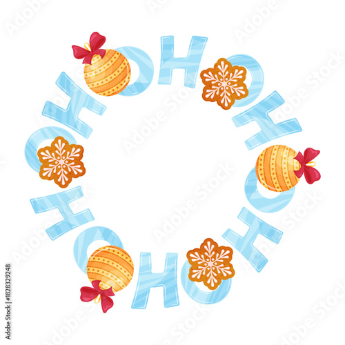 holiday wreath with christmas balls and ginger cookies , cheerful holiday greeting frame, and Ho-Ho-Ho text.