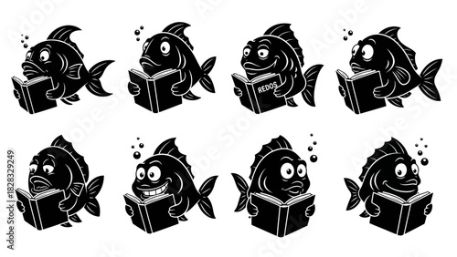 Collection of fish characters reading books with various expressions vector illustration