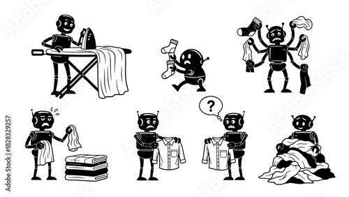 Set of robot characters performing household chores and struggling with laundry tasks vector illustration