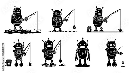 Set of robot characters fishing in various styles and showing different emotions vector illustration